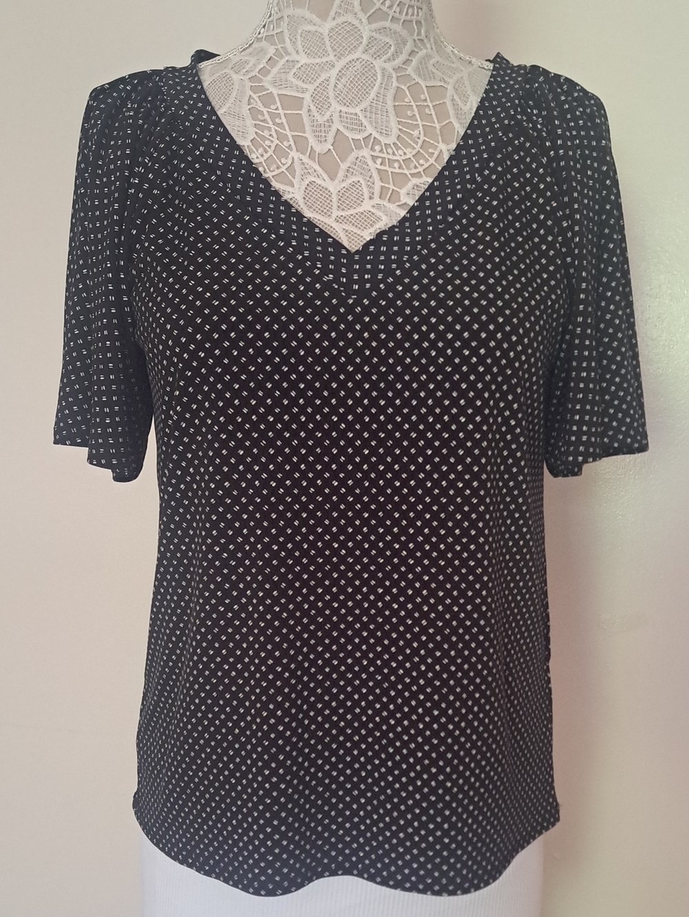 Banana Republic Black Short Sleeve V-Neck Top with White Micro Dot Print